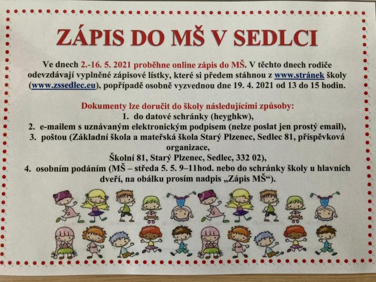 Zápis do MŠ Sedlec 2021